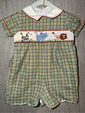 Kids Plaid Smocked One-Piece Romper with Animal Motif - Green